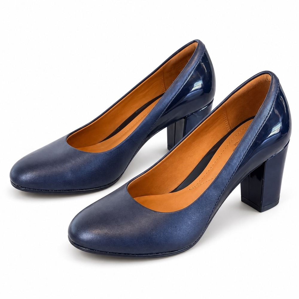 Clarks Collection Pump Size 6.5 Navy Blue Professional Block Heel Classic Dressy